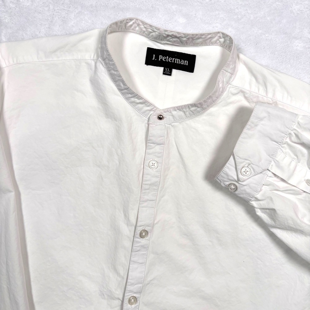 J Peterman Band Collar Button Down Shirt Men XL White Cotton Long Sleeve Grandad